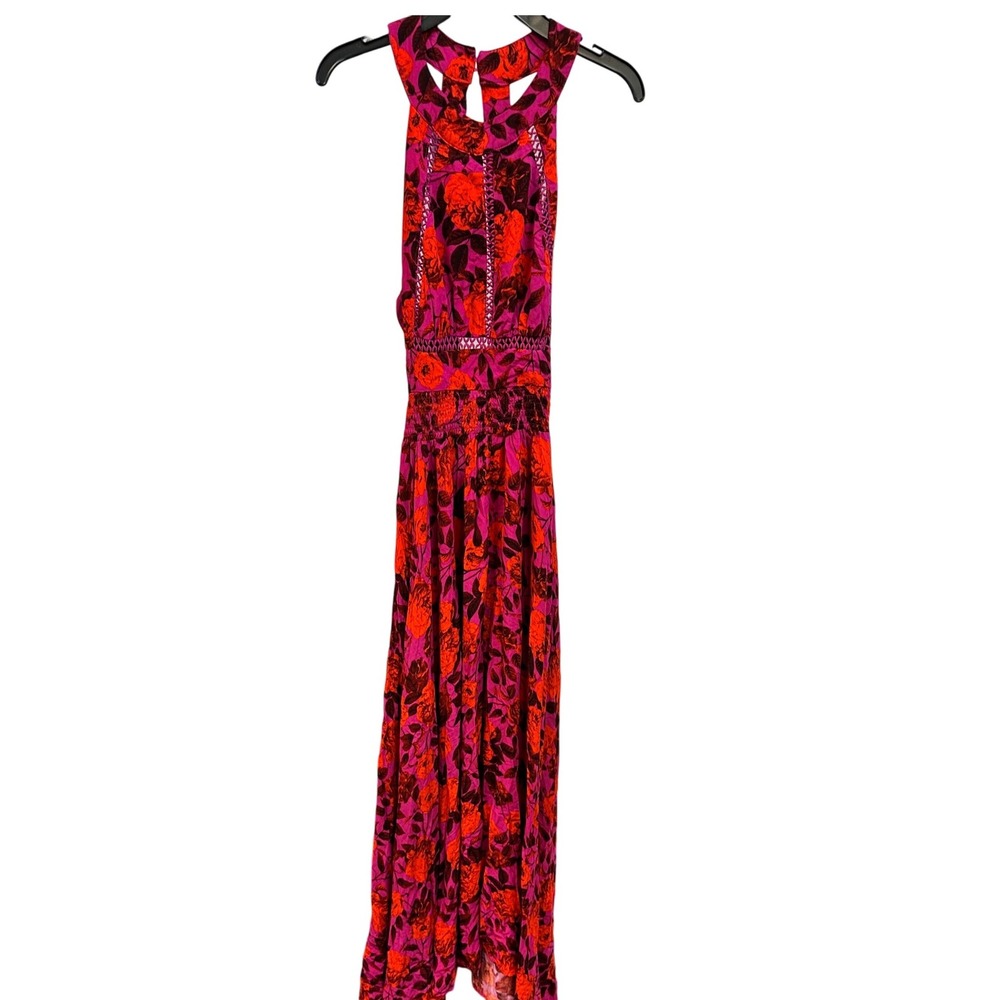 Abel The Label Floral Maxi‎ Dress Open Back Halter Neck Smocked Pink Orange S